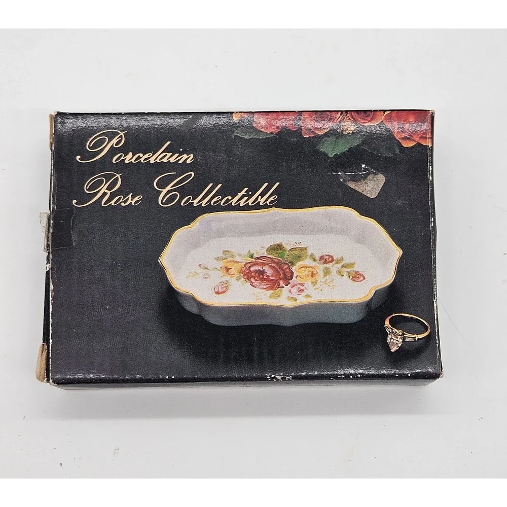 Vintage Porcelain Rose Collectible Trinket Dish Scalloped Gold Rim Floral Tray